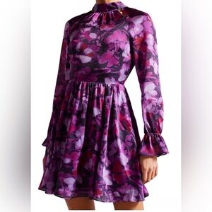 Ted Baker Purple Floral Chiffon Fit & Flare Dress Long Sleeve Short size 0